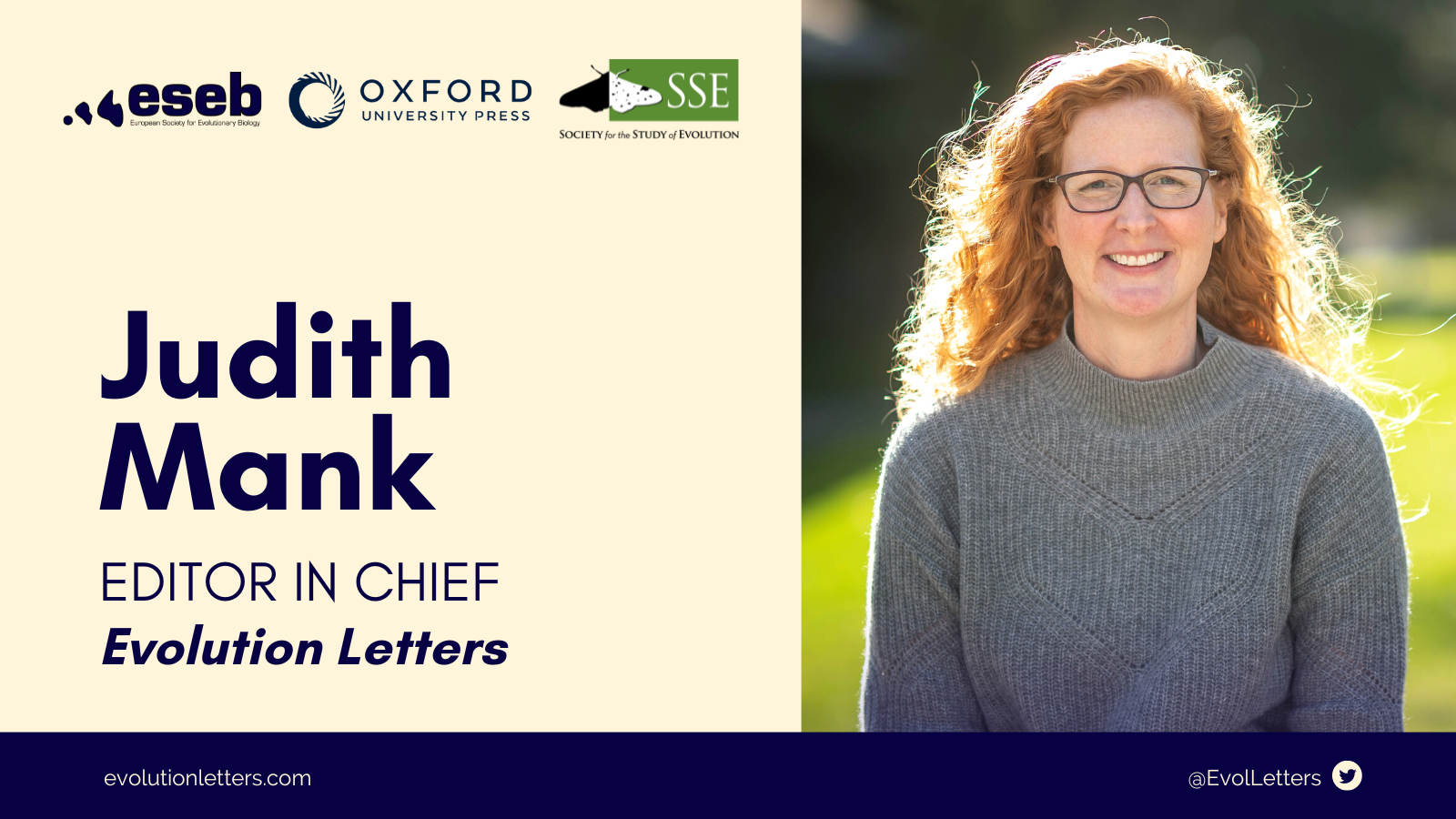Logos: ESEB, Oxford University Press, and SSE. Text: Judith Mank, Editor in Chief, Evolution Letters. Judith Mank, a woman with long curly red hair and glasses, stands smiling in front of a sunny green background.